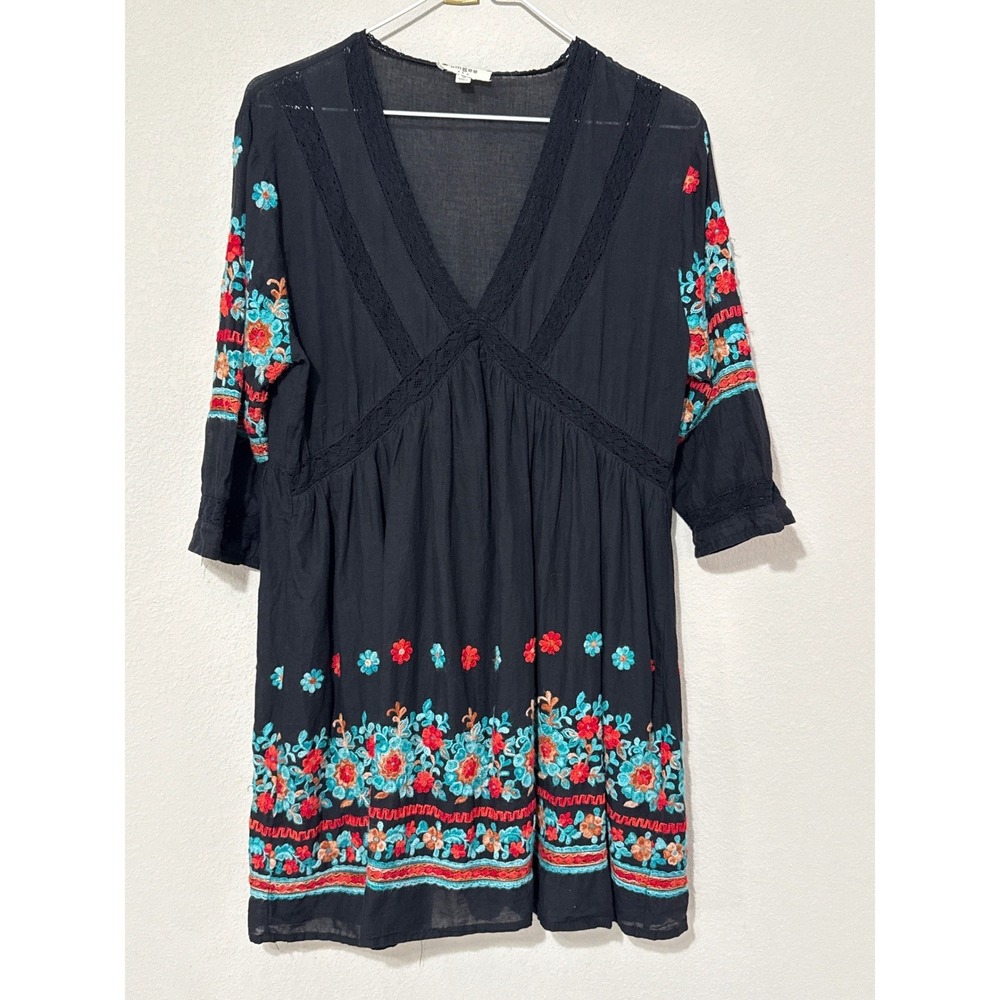 Umgee Tunic Dress Women Medium Black Floral Embroidered Boho Crochet V-Neck